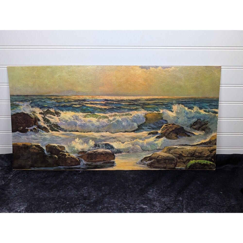 Vtg Robert Wood Pacific Sunset Litho Print Textured Board Seascape 121H 24x12